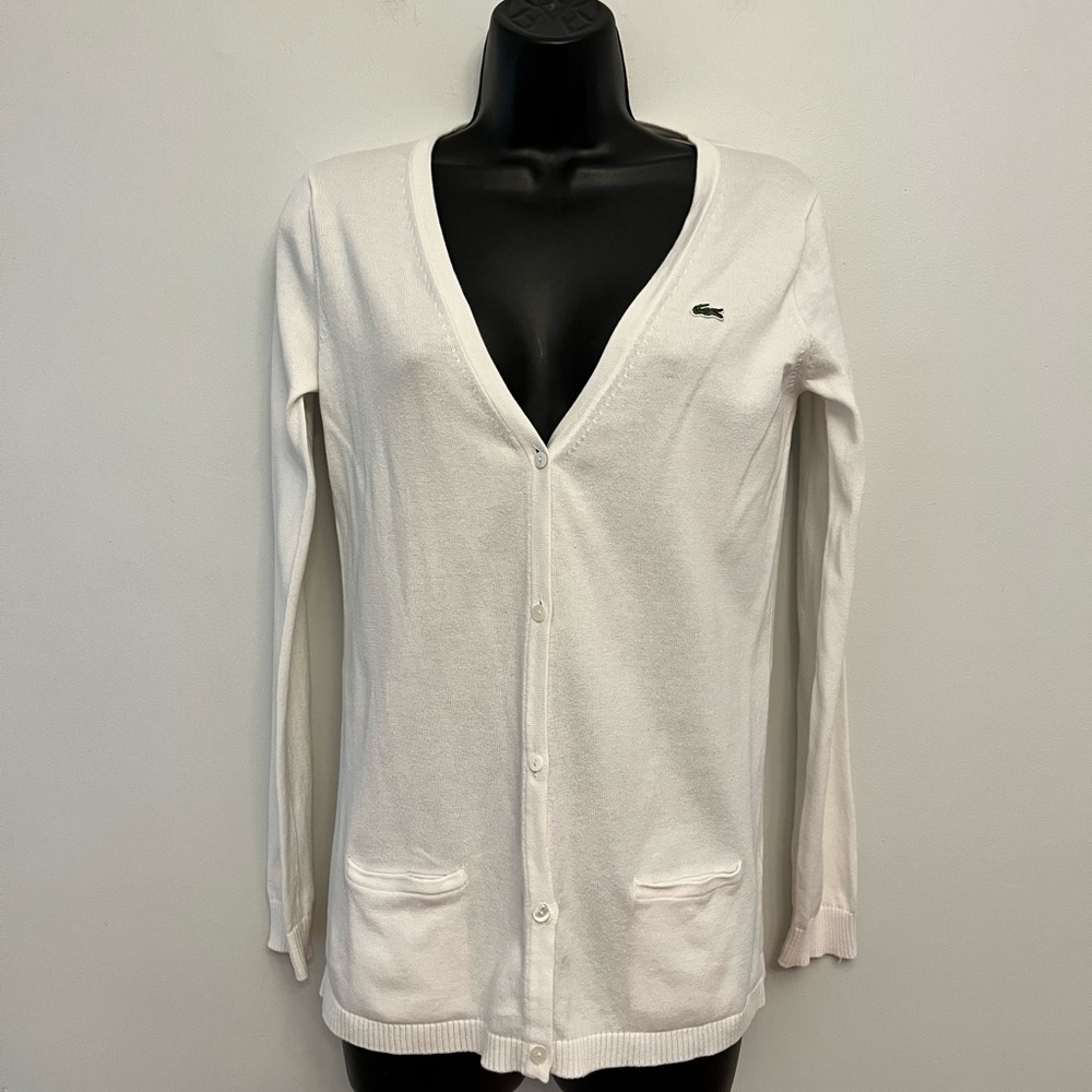 Lacoste Classic White Cotton Preppy V-Neck Cardigan, Size EU40 (8)